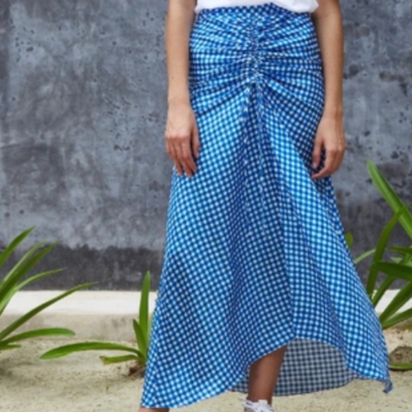 PAPER LONDON Silk Islamorada  Blue Check Ruched Maxi Mermaid Skirt Size: 6 - Picture 2 of 7